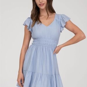 Mine NWT Pale Blue V-Neck Smocked Waist Mini Dress